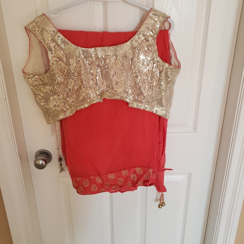 LIKE NEW - Simple Coral Sari with Sequins Blouse